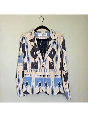 ZHRILL Abstract Geometric Print Blazer | Cream Navy Blue | Size S
